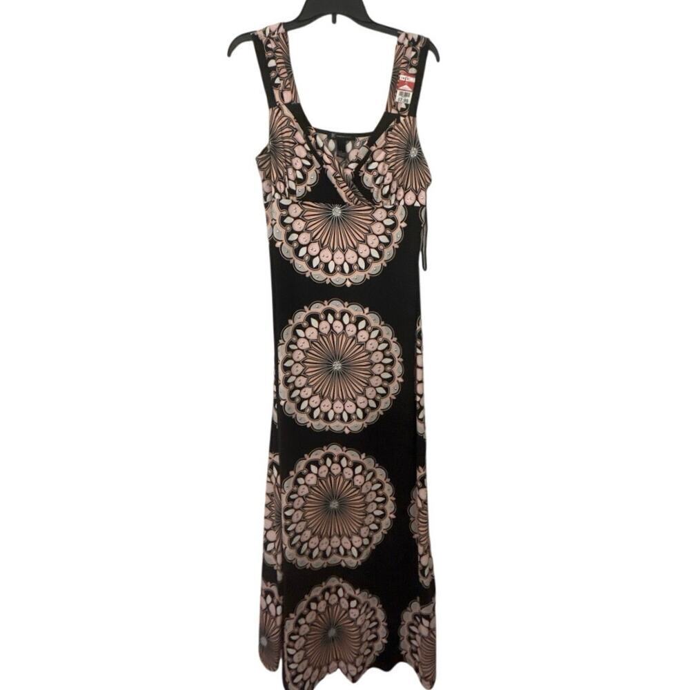 INC Black & Pink Geometric Floral Print Silver Stud Babydoll Maxi Lrg